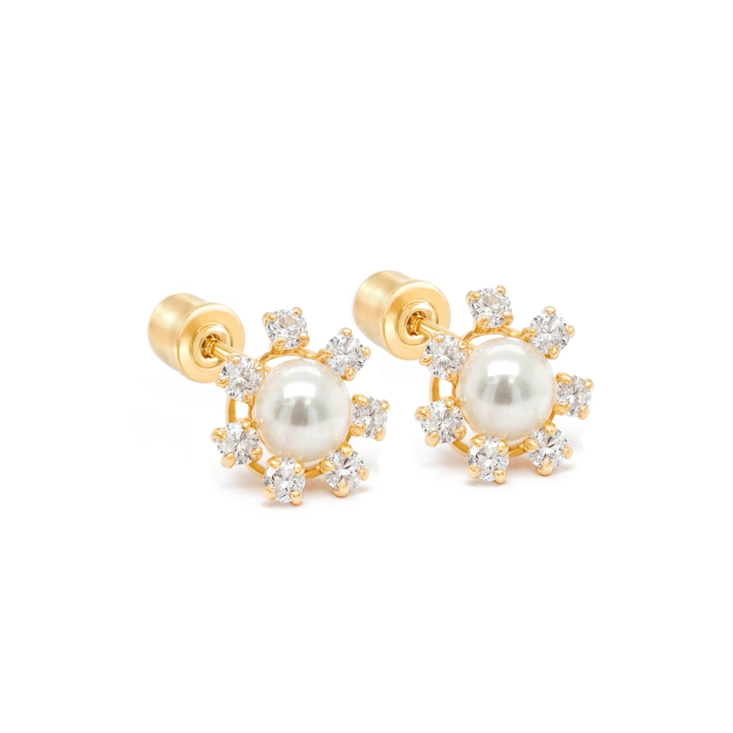 14k Gold-Pearl Flower CZ Earrings