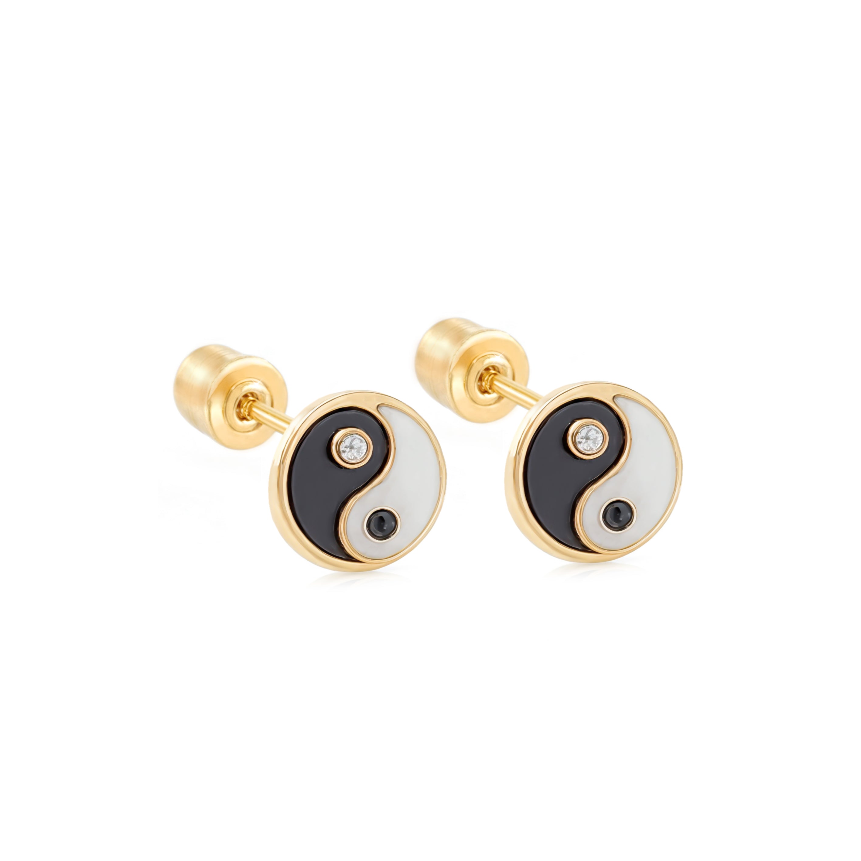 14k Gold - Black White Enamel Yin Yang Earrings