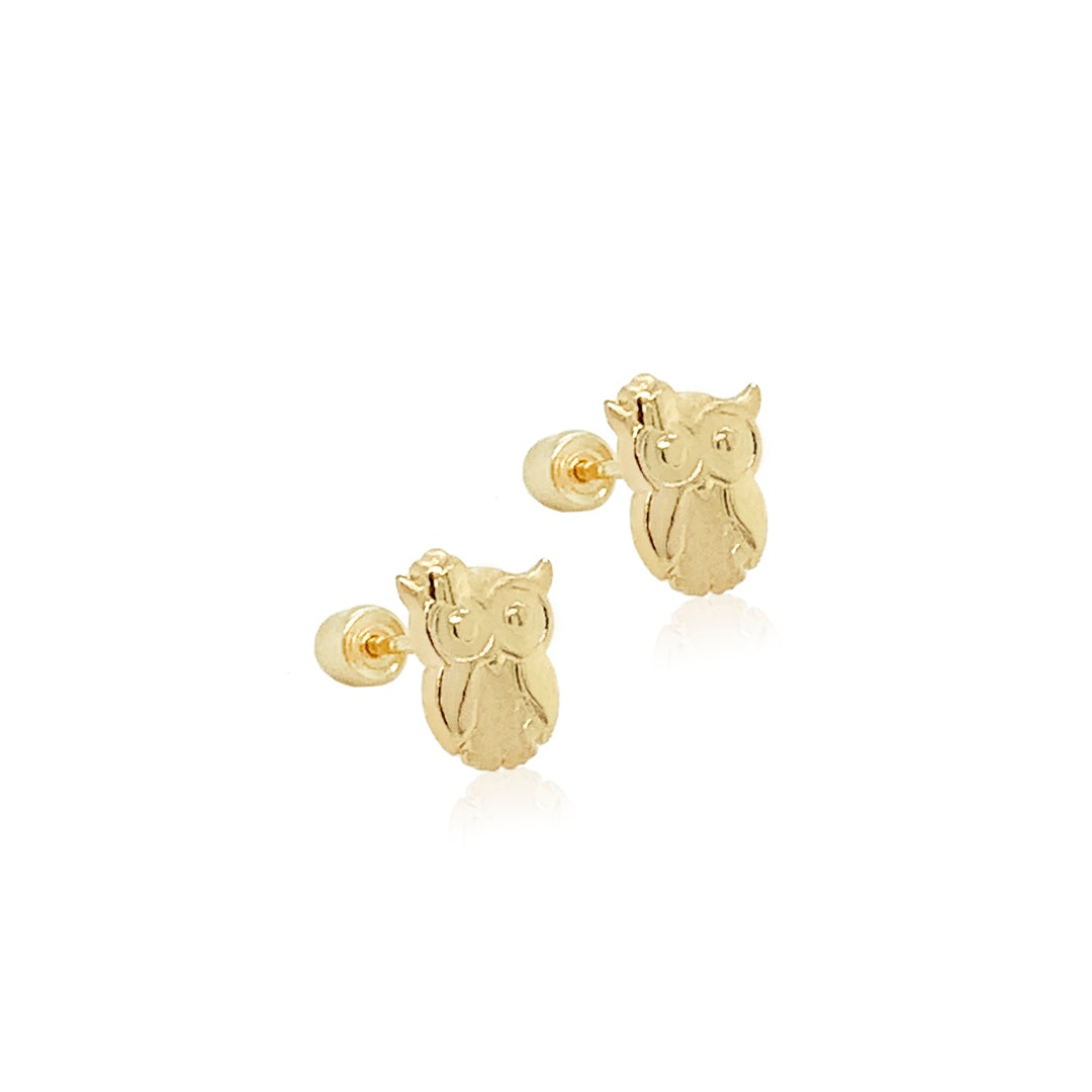 14k Gold- Owl Satin Finish Earrings.