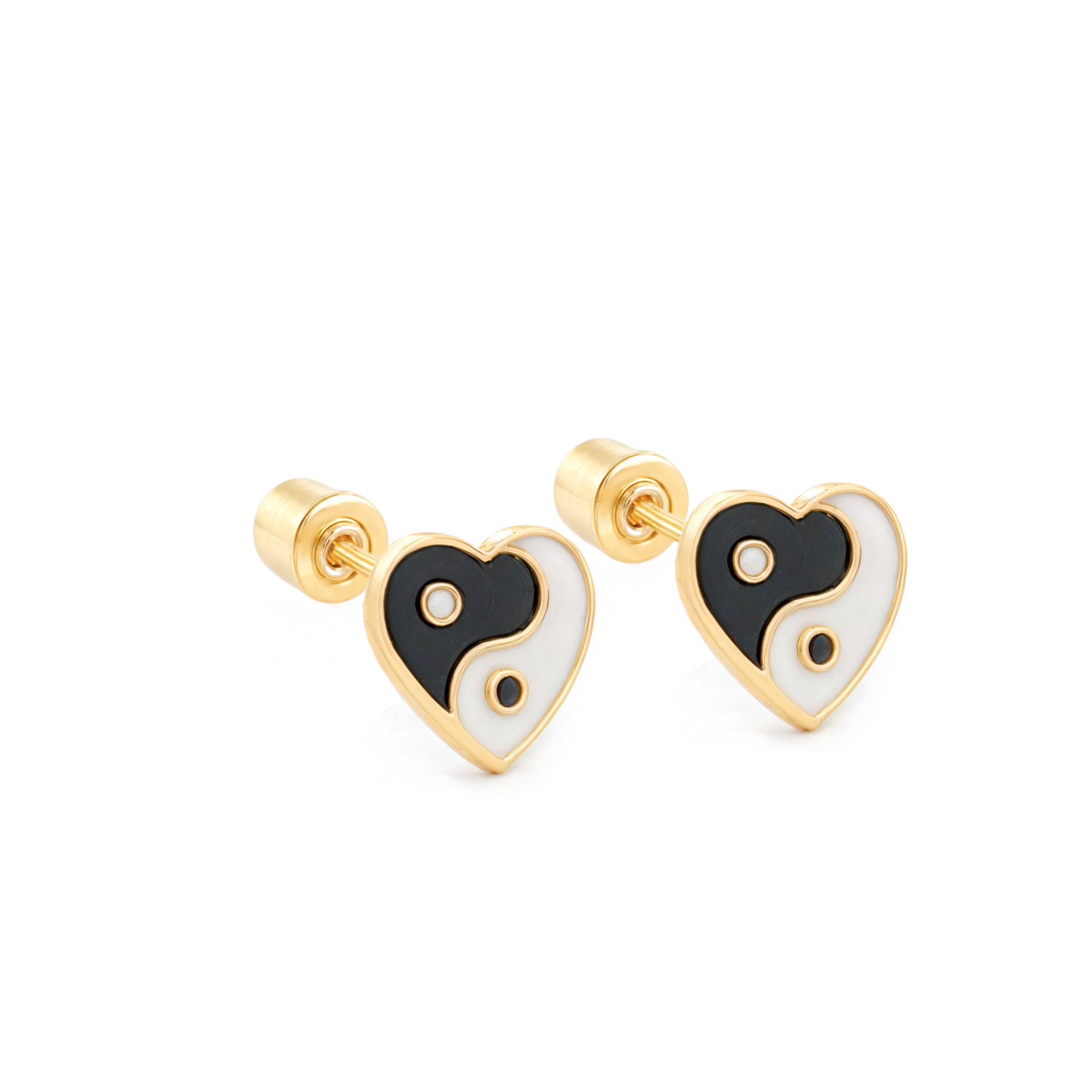 14k Gold-Enamel Yin Yan Heart Earrings