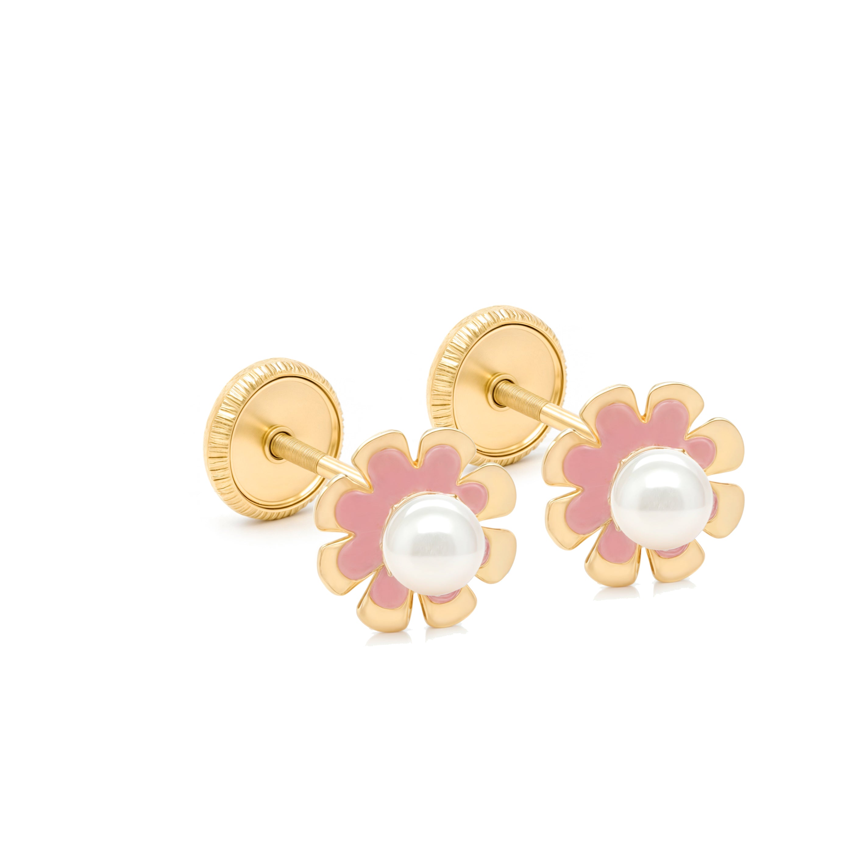 14k Gold-Pink Enamel Flower with Pearl Spanish