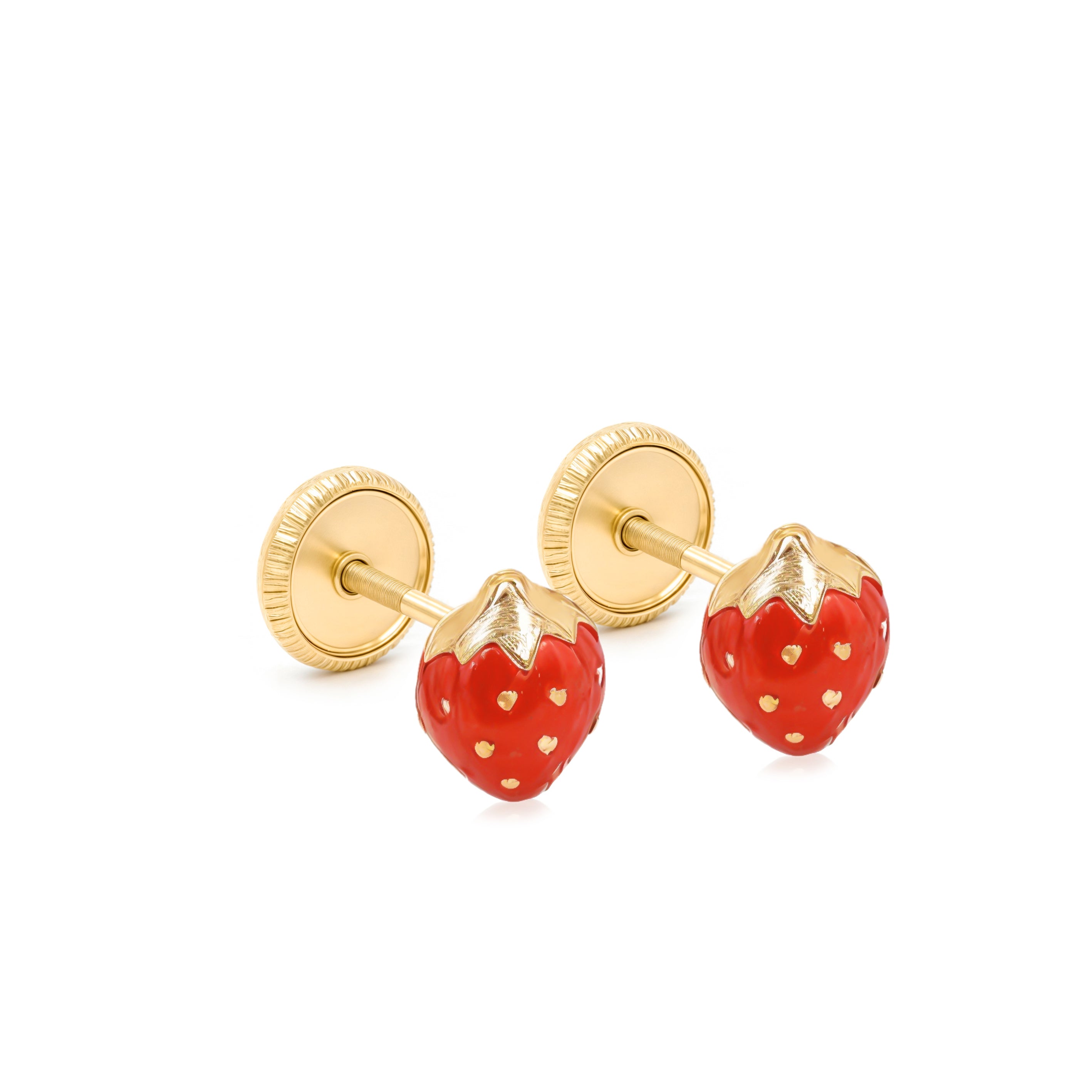 14k Gold-Strawberry Earrings With Red Enamel