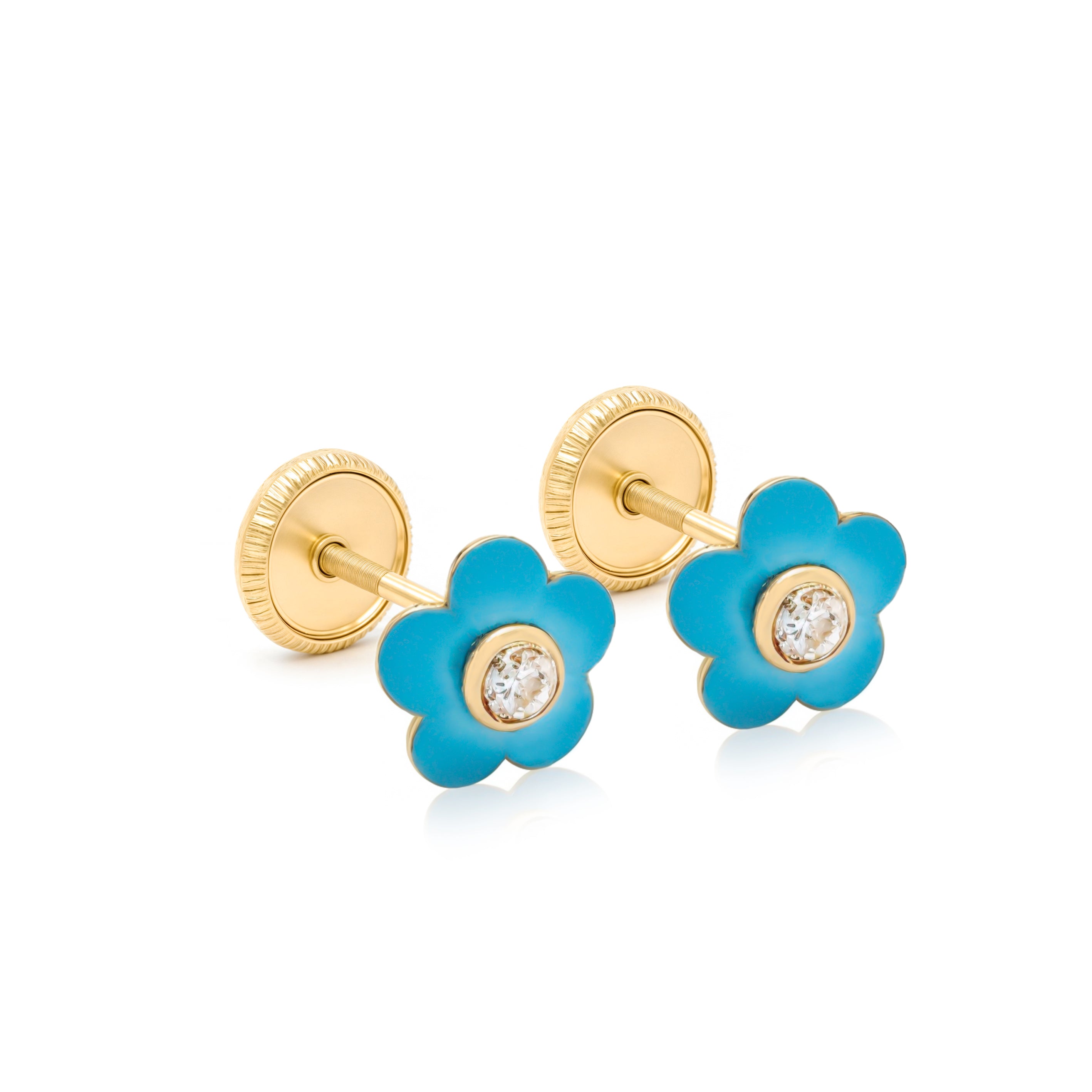 14k Gold-Mini Flower Blue Enamel